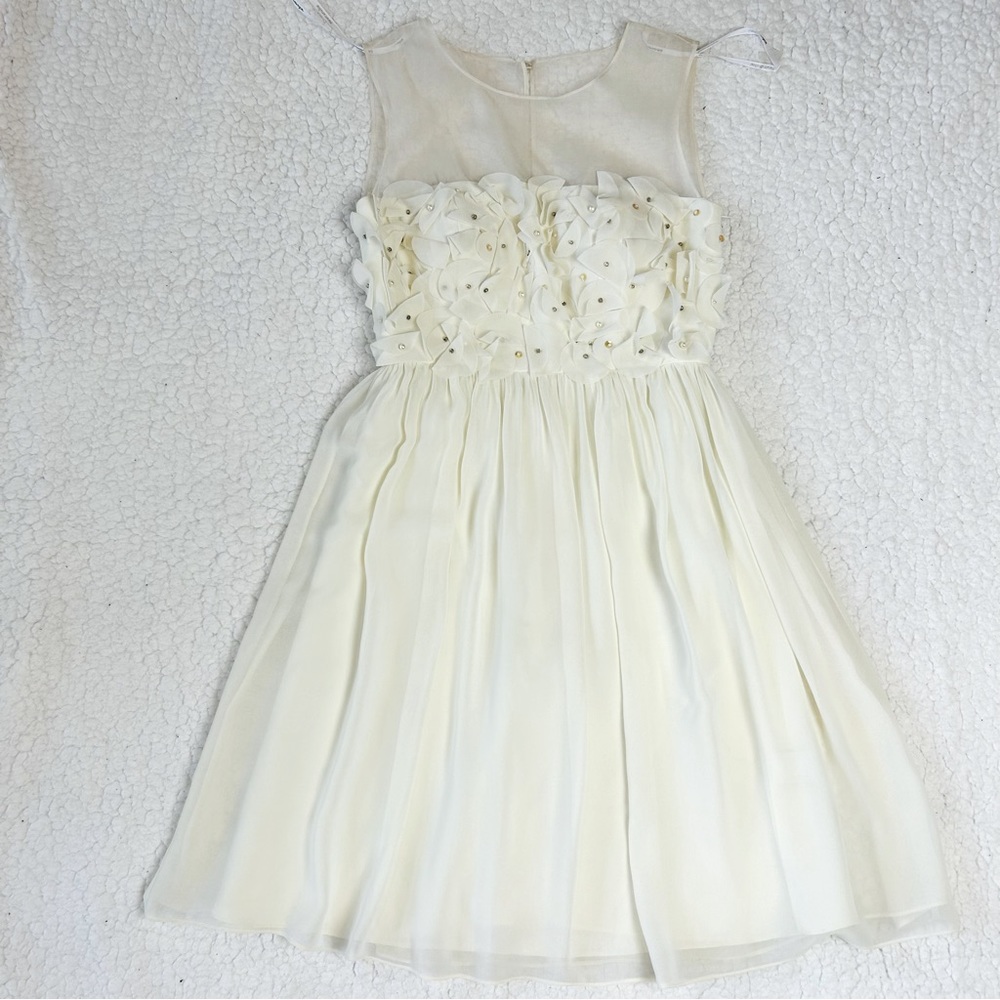 Donna Morgan Mini Dress Size 0 Ivory Lined Embellished Ruffle Chiffon Cocktail